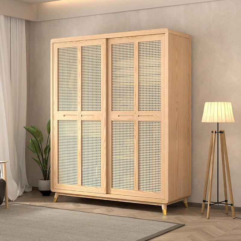 

Modern Design Solid Wood Rattan Sliding Door Wardrobe Small Apartment Hanging Clothes Storage Cabinet Two-Door for Home Bedroom