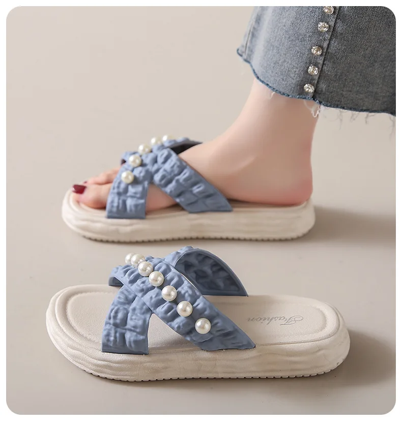 

Fanceey New Fashion Slippers Pearl Solid Women's Sandals Summer Beach Shoes Pearl Luxury Woman Sandals One-word Shoes Vacation