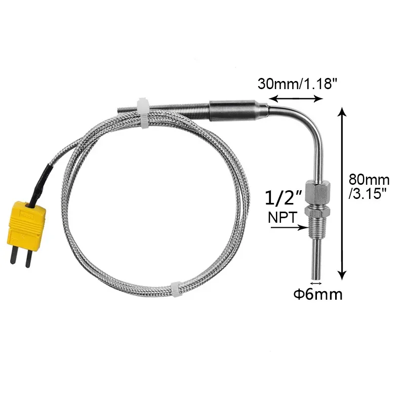 1300°C K type EGT Motor Exhaust Gas Temperature Sensor Stainless Steel Probe Thermocouple Tube Thread 1/2’\' NPT Elbow Male Plugs