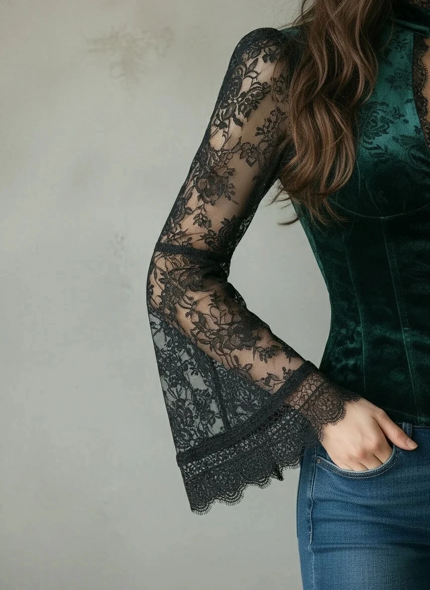 

Velvet Lace Patchwork Hollow Out T shirt Flare Sleeve Single Breasted Slim Elegant Vintage See Through Casual Gothic Tee Tops