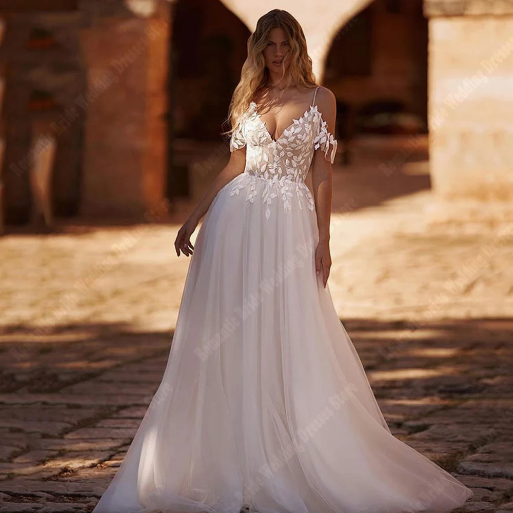 Celebridade a linha vestidos de casamento feminino sexy com decote em v renda flor impressão vestidos de noiva princesa banquete vestidos de novias personalizado