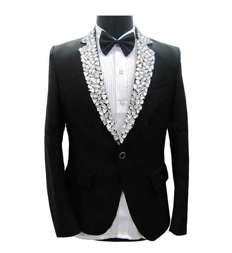 

2022 Luxury Men's Suits Black Rhinestones Shawl Lapel Coat Costume Party Groom Wedding Suit Formal Prom Tuxedos