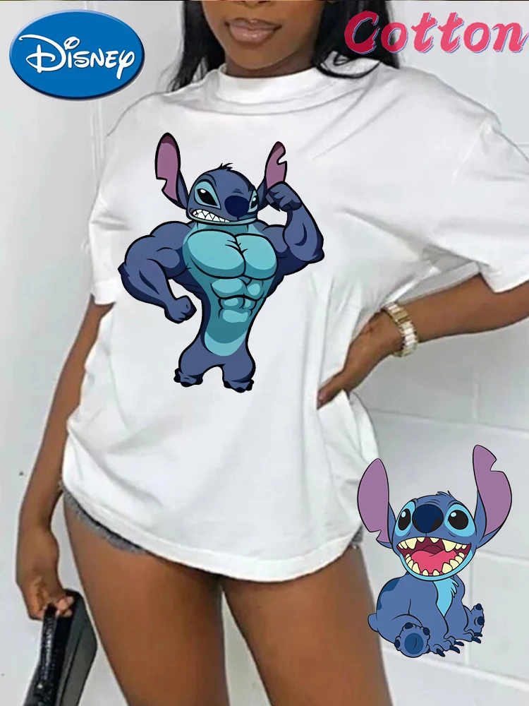 

Disney Stitch Muscle Print Women Cotton Tshirt Harajuku Streetwear Short Sleeve T Shirts Cartoon Mickey Casual Woman Clothes