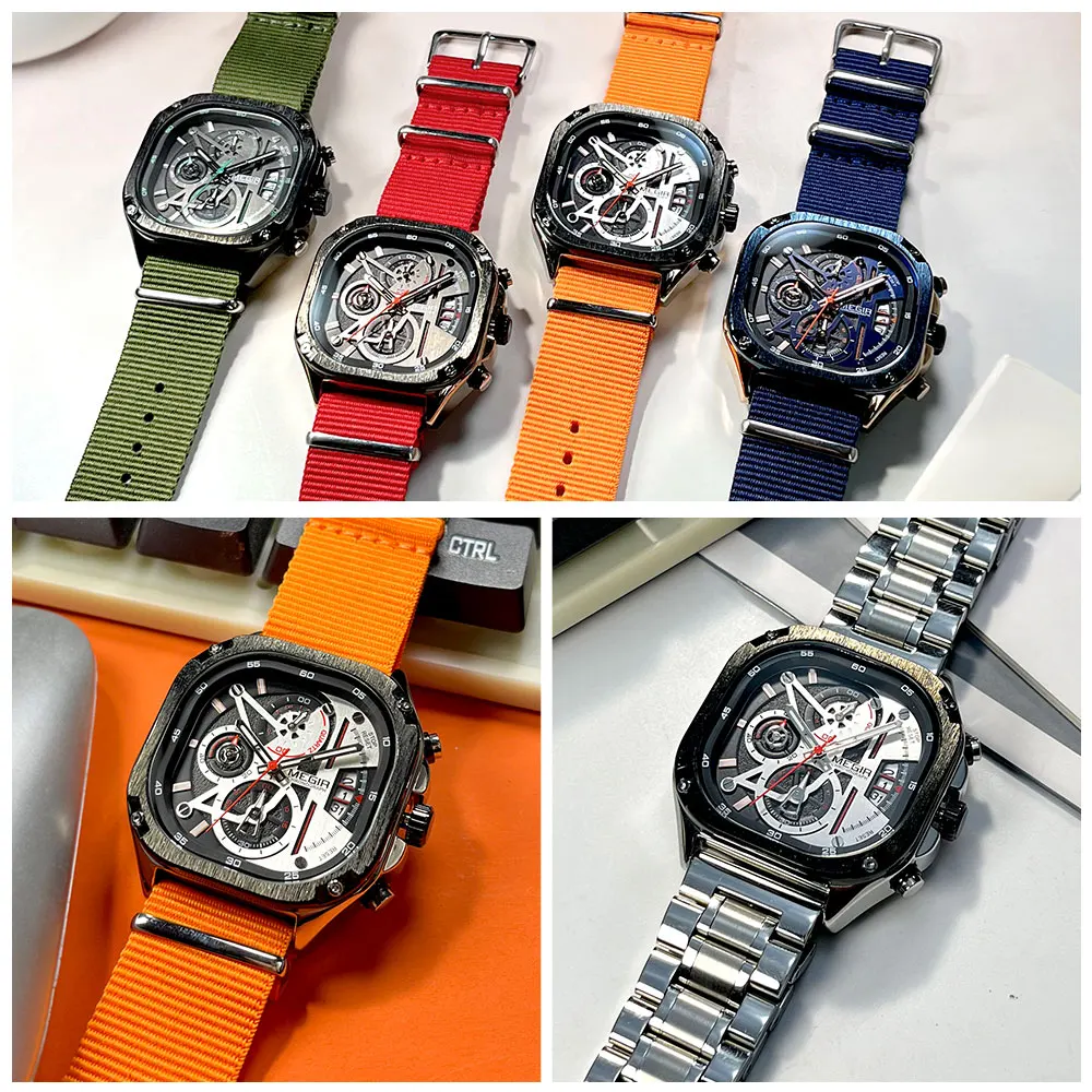 MEGIR Square Dial Quartz Watch Men Fashion Chronograph Stainless Steel Strap Wristwatch with Luminous Hands Auto Date Silver