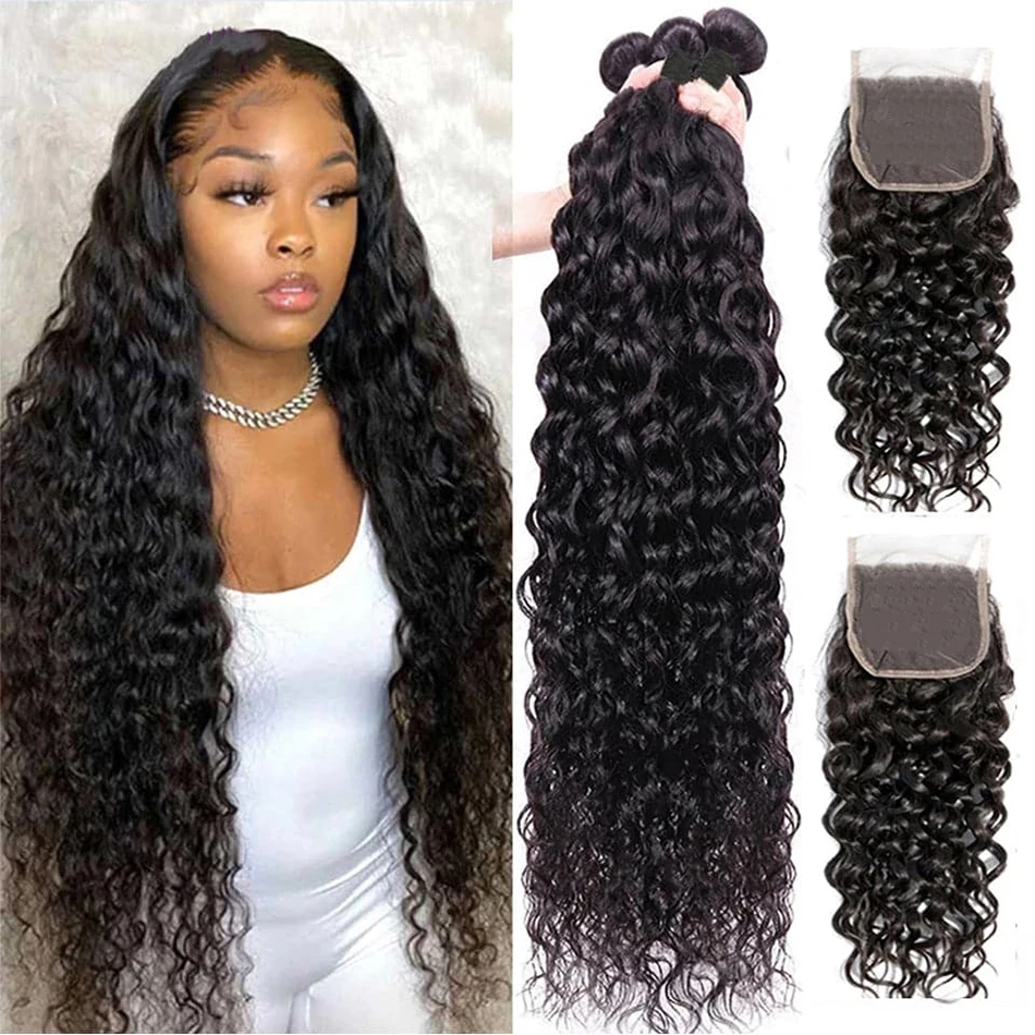 Water Wave Bundles Human Hair With Closure 13x4 HD Transparent Lace Frontal 100% Natural Human Hair Extensions Deep Wave Hair