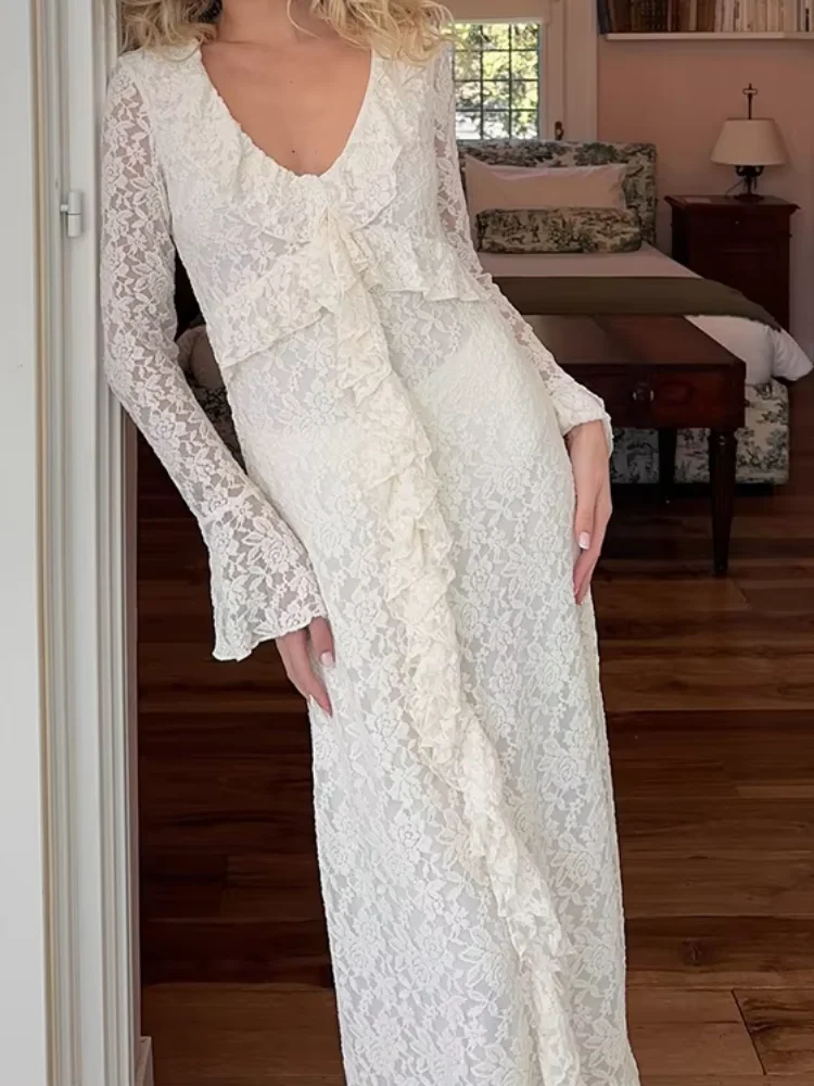 Solid Flared Sleeve Lace Dresses Women's Elegant Irregular Slit V-neck Ruffled Long Dresses 2025 Summer Beach Party Gowns