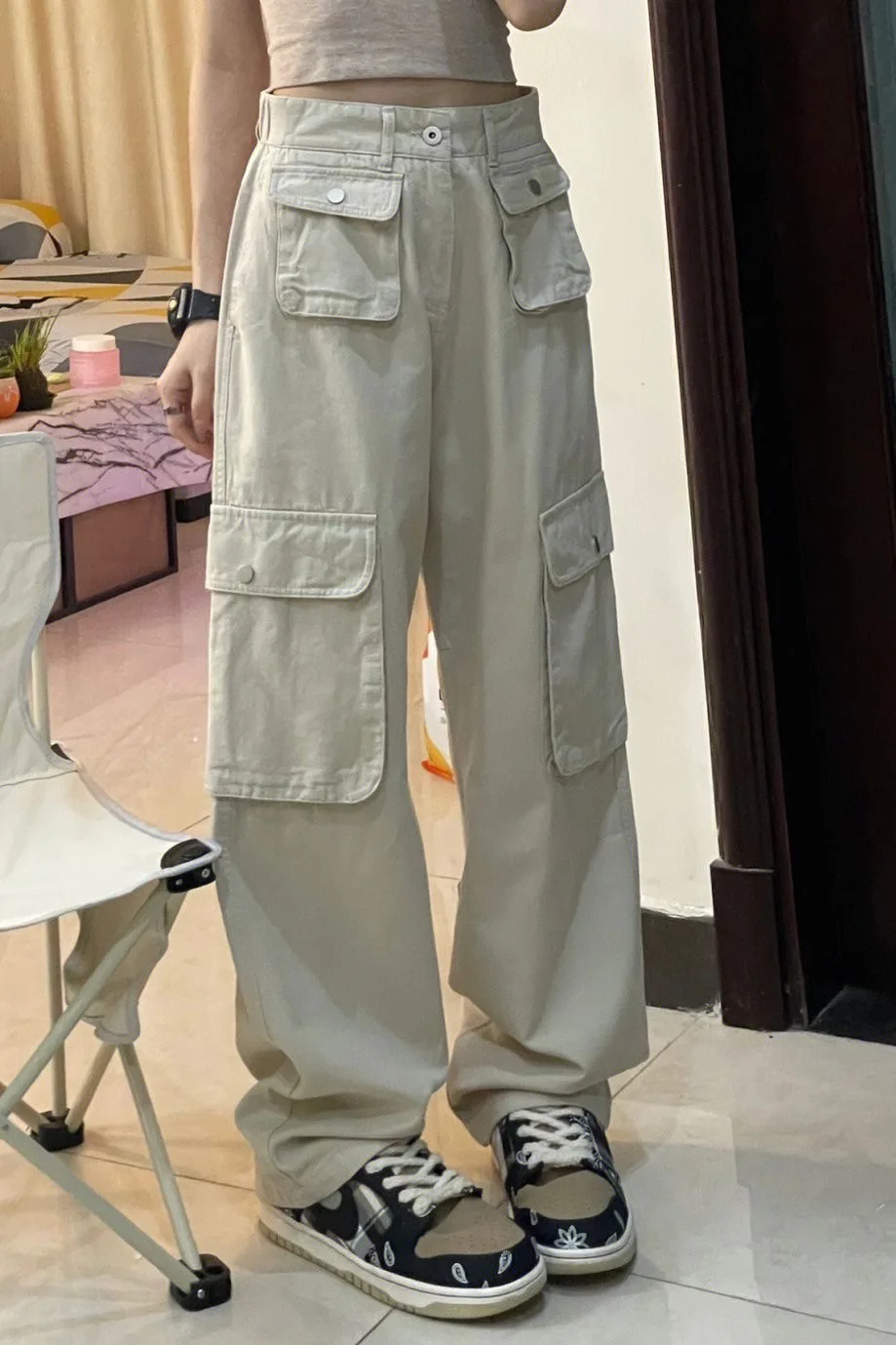 와이드 레그 팬츠 여성용 가을 고품질 영국 스타일 대학 출퇴근용 편안한 패치워크 체크 플란넬 자카드 부드러운 OL