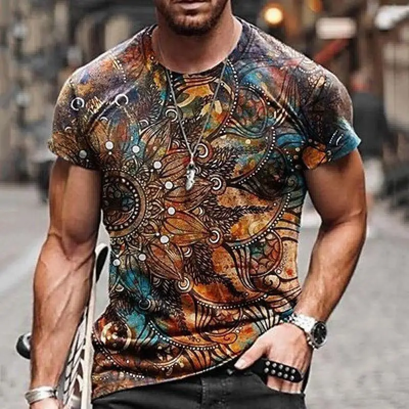 Herren-T-Shirt mit Retro-Bohemian-Mandala-Blumenmuster, 3D-Druck, Rundhalsausschnitt, kurze Ärmel, verschiedene Stile, lässige Oberteile – Detail 2