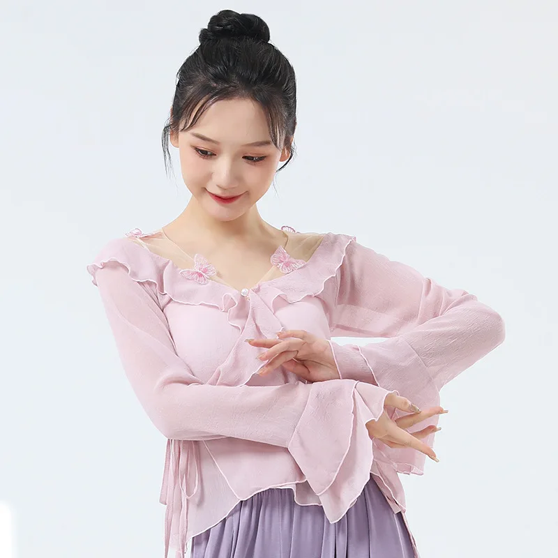 

Yourqipao летний тренировочный костюм для современных танцев, сетчатые топы с рукавами-трубой для взрослых, топы в китайском стиле для классических танцев для женщин