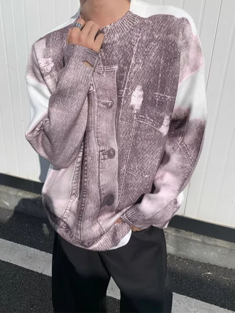 

Loose Fit Men's Knitted Sweater Casual Sle Denim Print Oversized Hoodie Autumn Winter Faion Comfortable Knitwear Coat