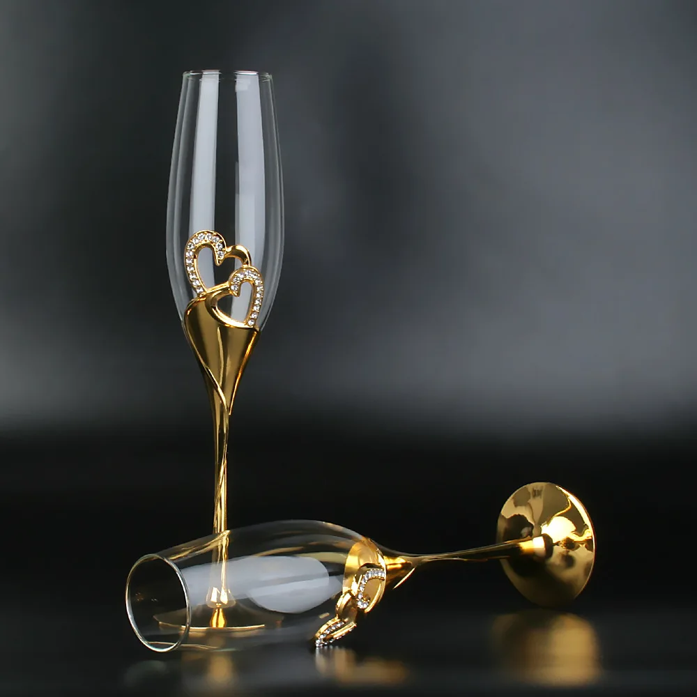 2PC Stainless Steel Base Champagne Flutes with Crystal Diamonds Clear Highball Cup Wedding Love Heart Bubbly Wine Glass Gift Box
