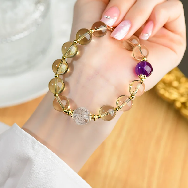 Palace Style Natural Citrine Round Bead Bracelet Buddhist Crystal Rosary Unisex Hand Chain Fashion Jewelry