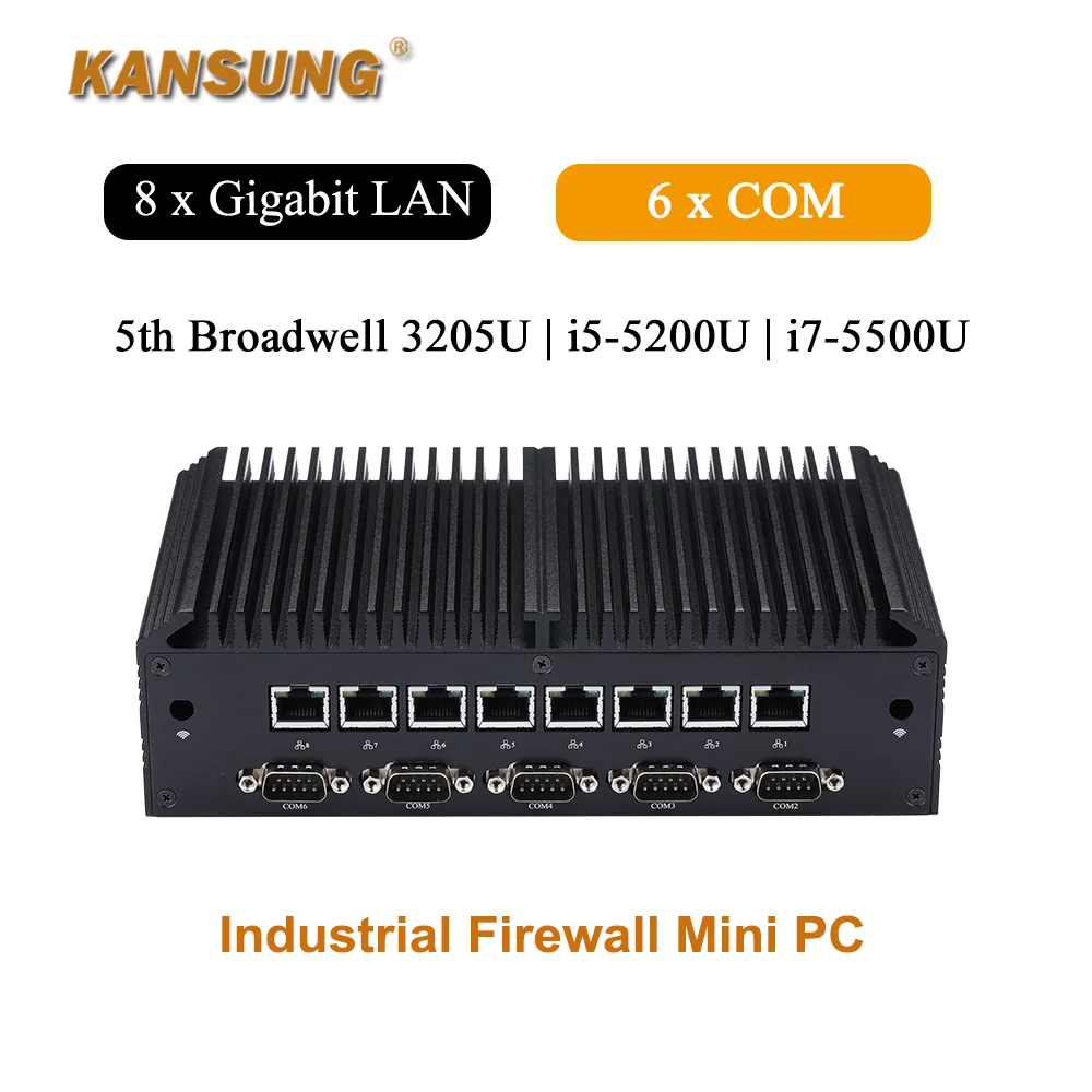 8 LAN 6 COM industriële firewall mini-pc-router Intel Celeron 3205U Core i5 5200U i7 5500U Windows Linux HD Graphics Fanless