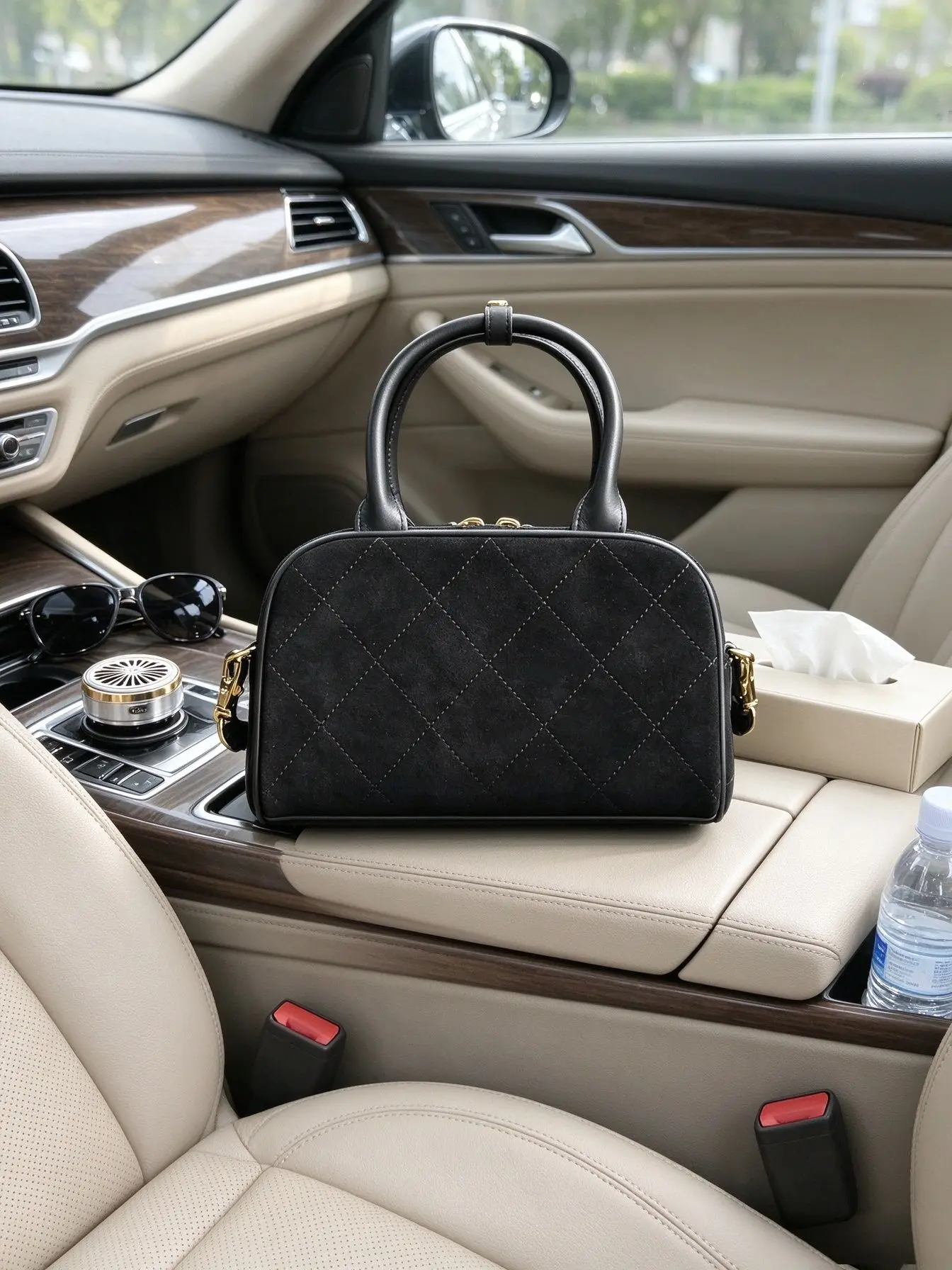 Elegant Black Suede Boston Handbag For Women Classic Quilted Design Mini Top Handle Crossbody Bag