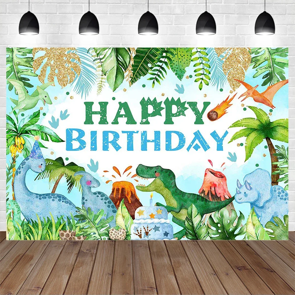 

Dinosaur Boy Birthday Cake Smash Party Background Poster Tropical Jungle Green Leaf Decor Backdrop Newborn Baby Studio Photocall