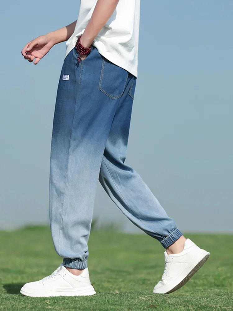 

aduated Color Silk Denim Jeans Men Summer Thin Cool Feeling Ice Silk Pants 2025 New American Sle Harlan Loose Fit Jeans