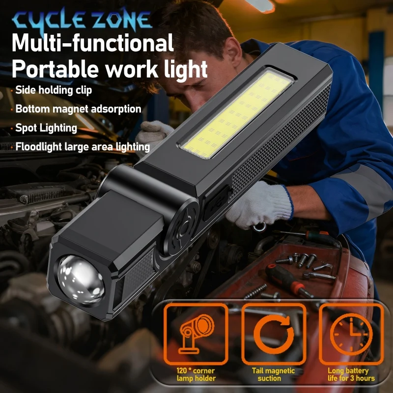 Portable COB Flashlight TYPE-C Rechargeable Work Lights LED Folding Torch with Magnet Car Inspection Camping Emergency Lamp