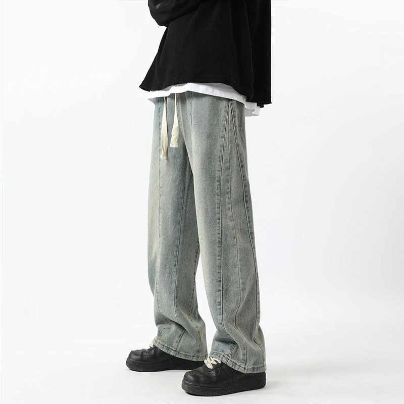 بنطال بنمط American Vibe بنطال جينز عالي الشارع برباط مغسول وخصر مطاطي وواسع الساق مقاس كبير