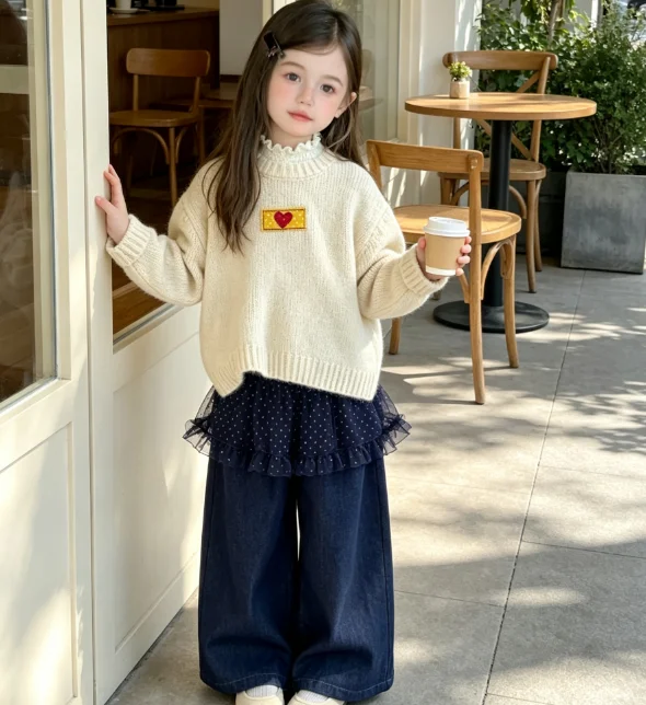 Girls Pants 2026 Autumn and Winter New Children's Clothing Korean Style Girl Baby Polpok Dot Mesh Straight Tube Pants
