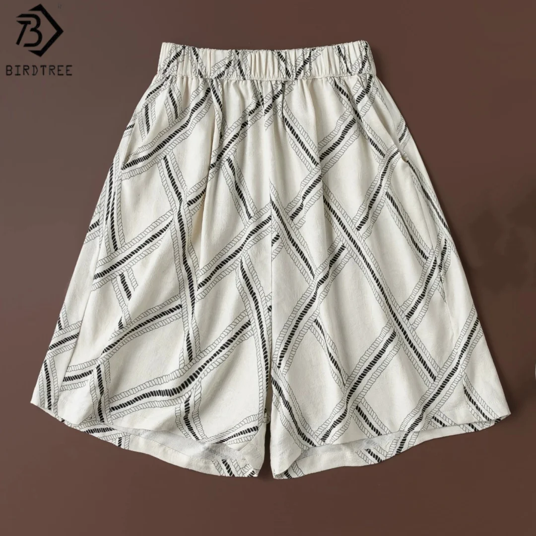 Birdtree, 100% Real Silk Print Shorts, Women Spun Silk Casual Loose Pants, With Pocket, Elastic Waist, 2026 Autumn New P67717JF