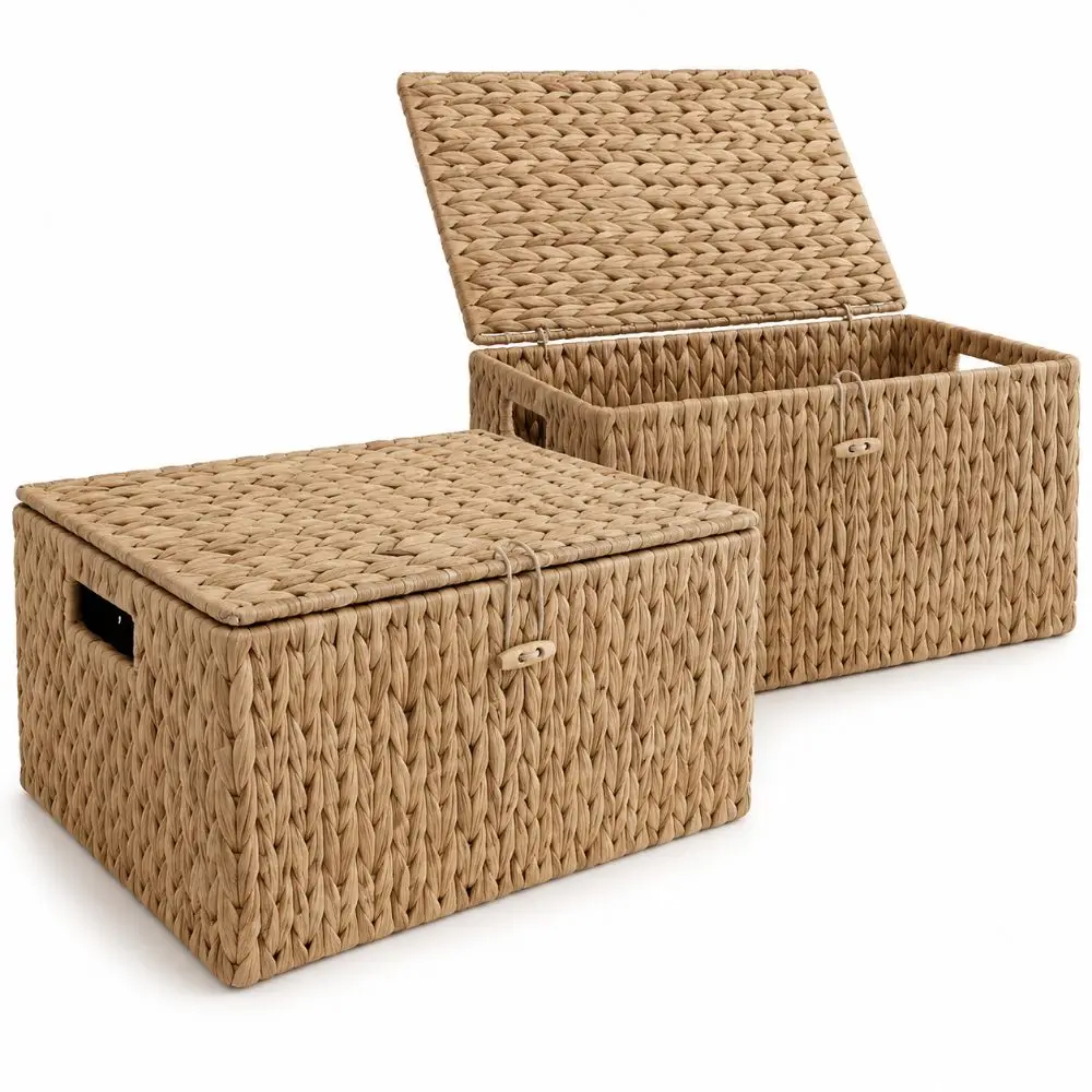 Water Hyacinth Wicker Storage Basket Built-In Handle Woven Organizer Bin Rectangular Button Closure Lidded Storage Basket