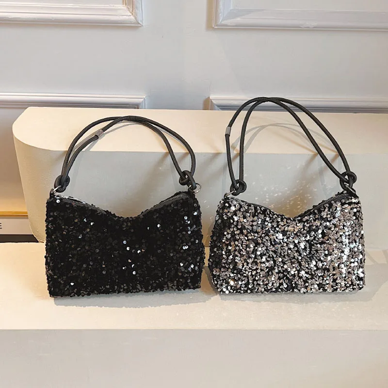 2024 Spring New Handbags For Women Fashion Casual Shoulder Bags Shining Sequin Silver Black Tote Bags Simple Trendy Shopping Bag