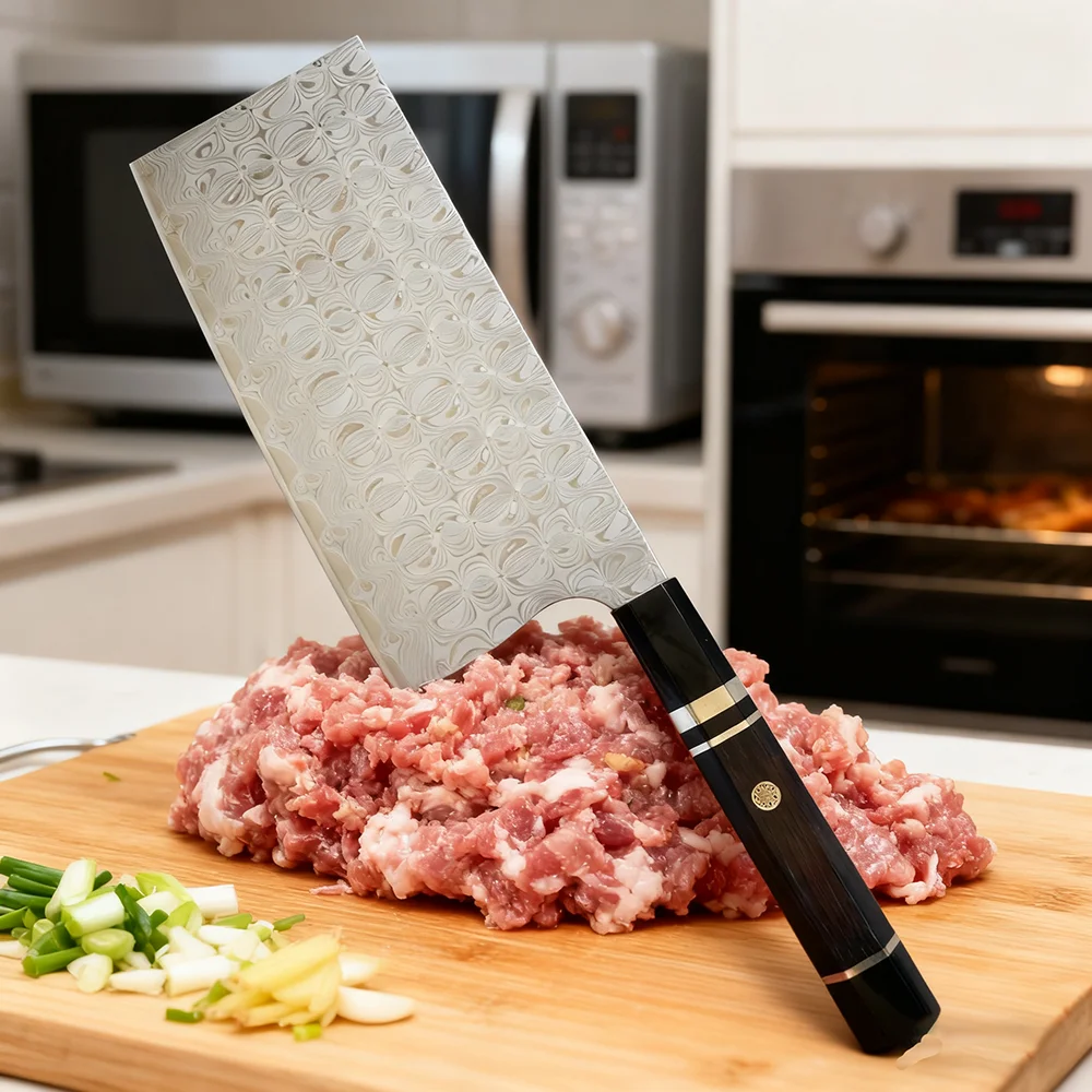 

7,5-дюймовый китайский нож шеф-повара, 67-слойная дамасская сталь, лезвие VG10, ручка из черного дерева и смолы, тесак, нарезка мяса, овощей, кухонный нож