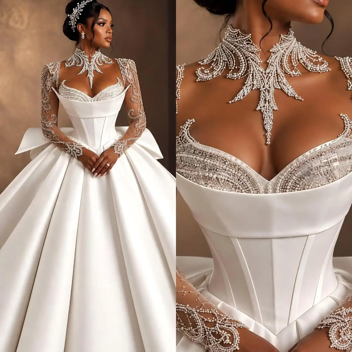 Exquisite Ball Gown Wedding Dress High Neck Long Sleeves Bridal Gowns Sequins Pearls Beaded Court Train Dresses Custom Made