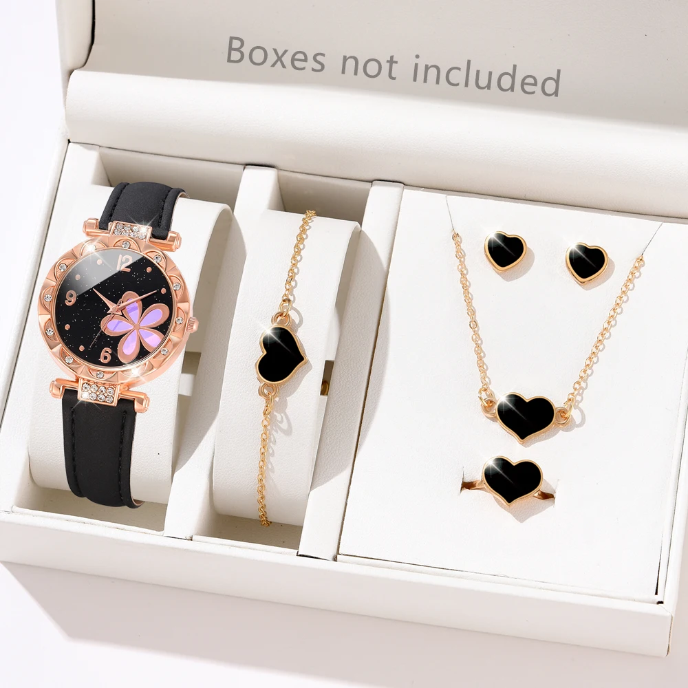 Simple Luxury Flower Element Leather Black Strap Watch Casual Fashion Quartz Watch Is The Perfect Gift For Her (No Box)