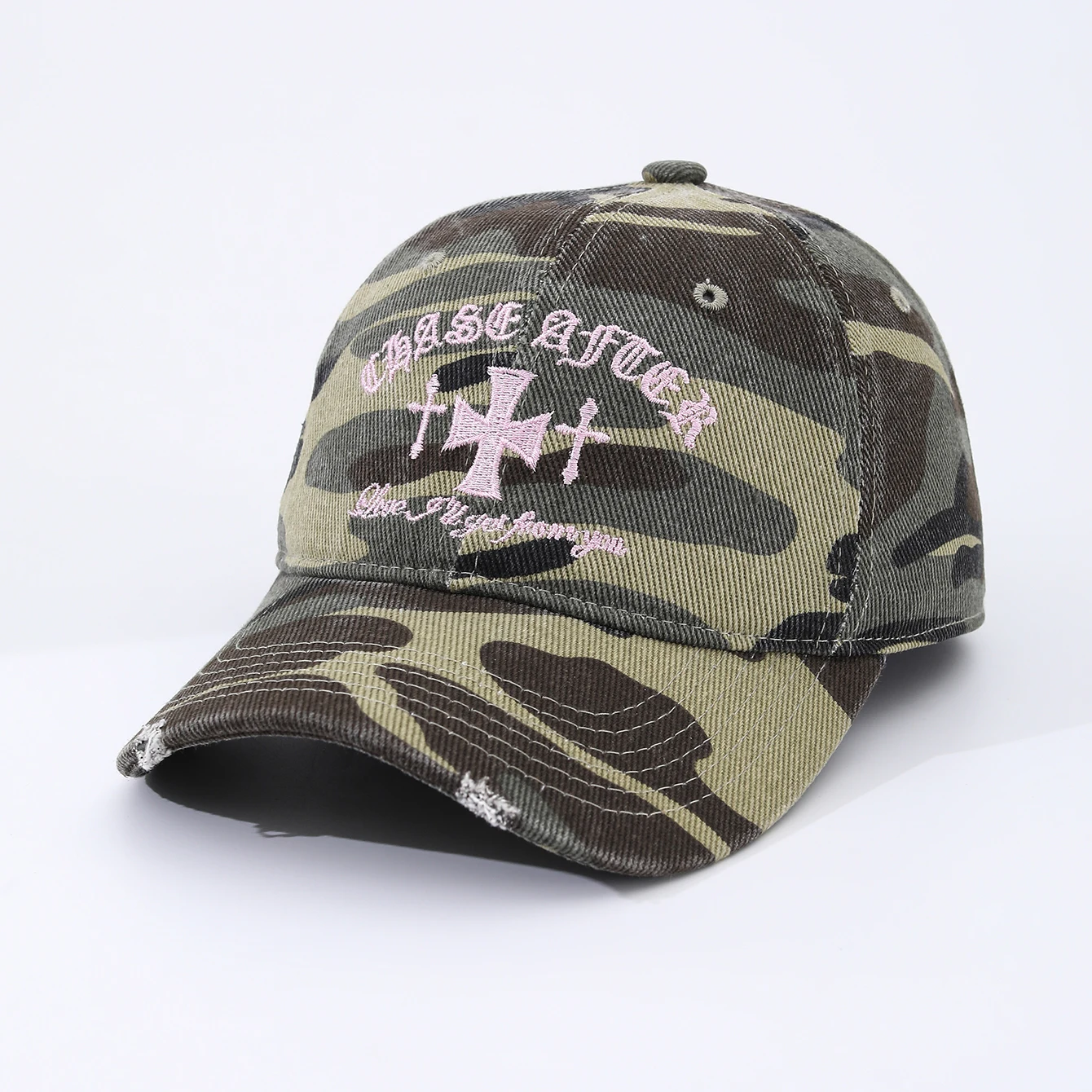 Europäische und amerikanische Mode-Camouflage-Baseballkappe mit gesticktem Schriftzug, weichem Oberteil und Sonnenschutzkrempe – Detail 5