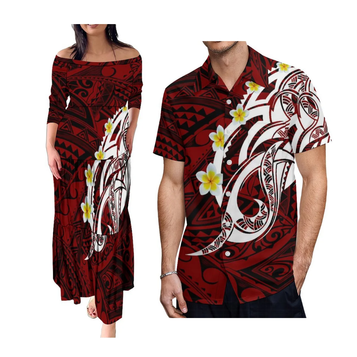 

Hawaii Women Strapless Dress Samoa Men Printed Shirt Polynesian Fashion Couples Matching Fabric Soft And Comfortable