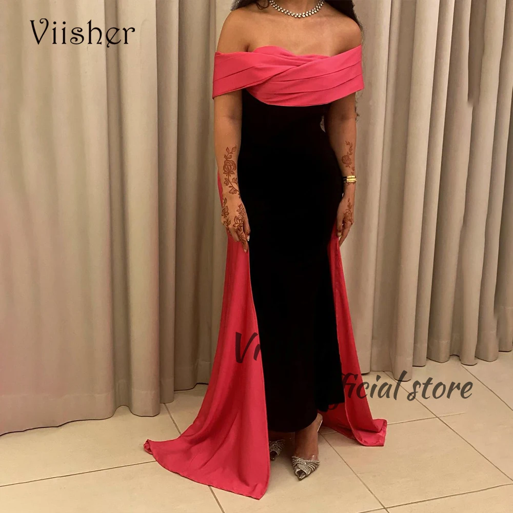 

Viisher Black Pink Mermaid Prom Dresses for Women Off Shoulder Arabian Dubai Evening Dress Floor Length Formal Occasion Gown