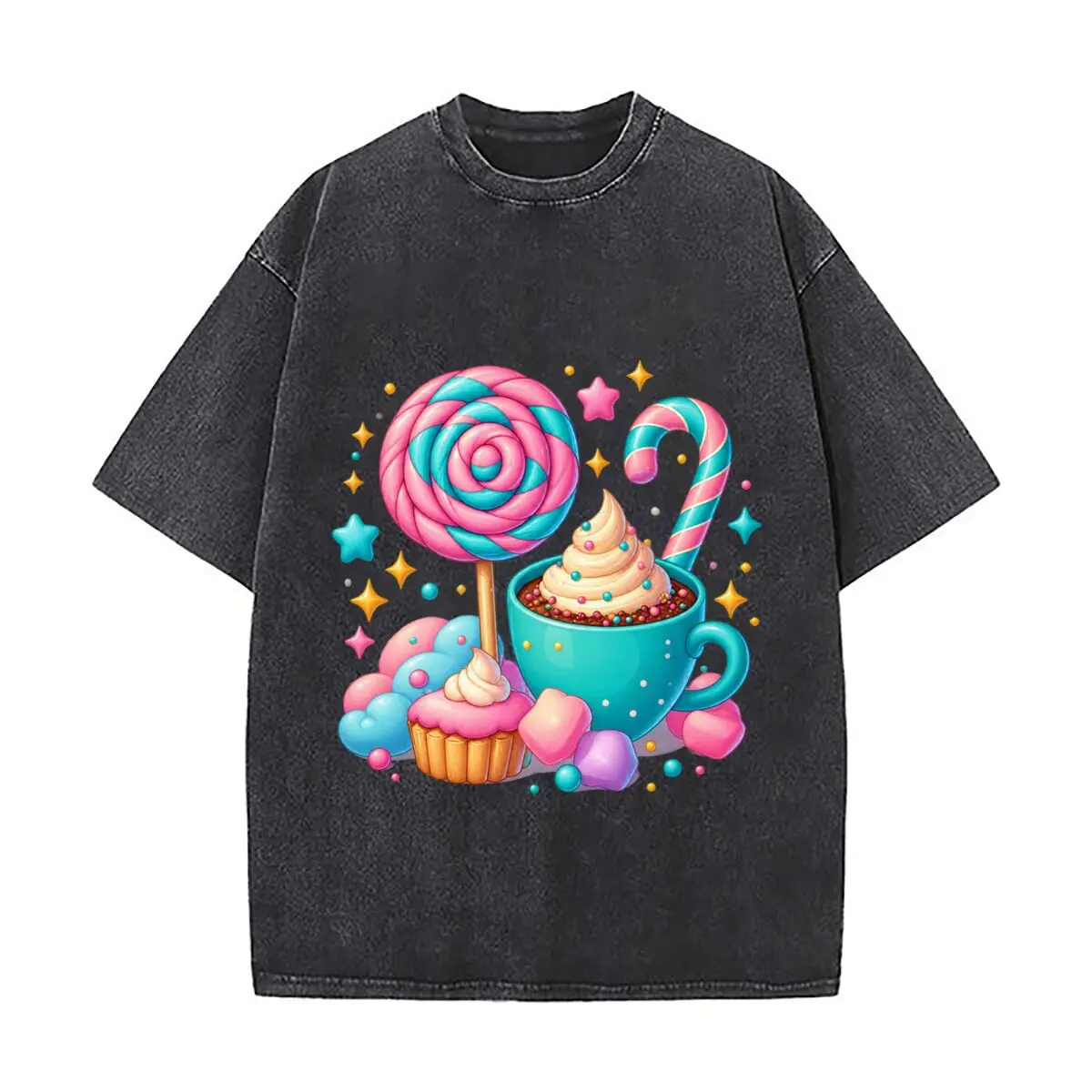 2026 Cupcake Lollipop Design Washed Short Sleeve Loose Streetwear Tee Hip Hop