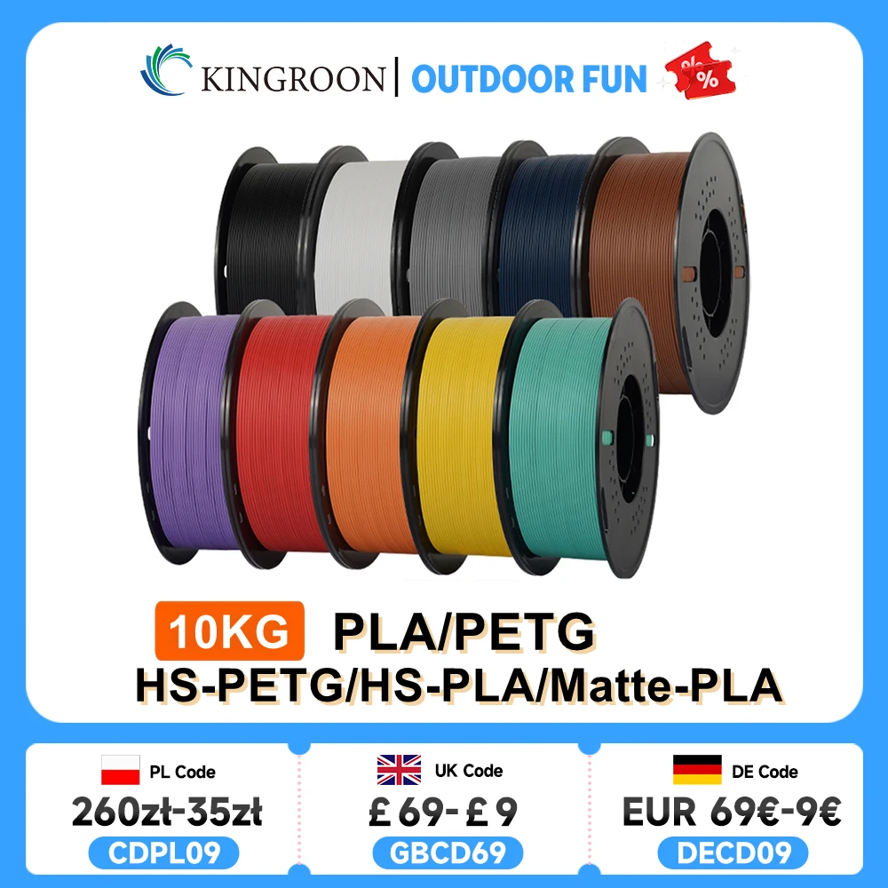 

KINGROON 10KG(22LBS) PLA PETG HS-PLA HS-PETG Filament 1.75mm High Speed 3D Printer Material Matte PLA 1kg*10 Roll Mix Color
