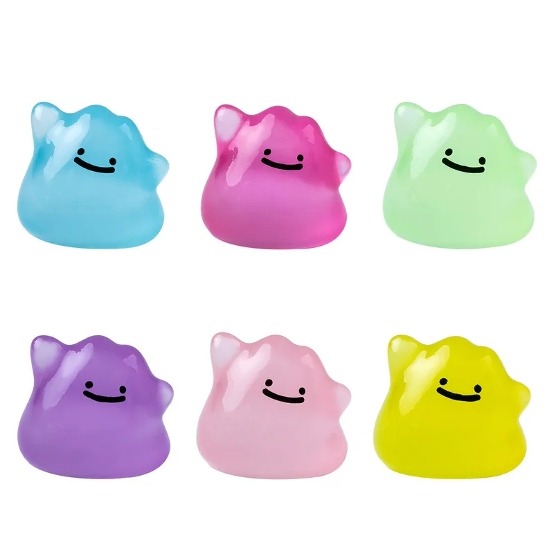 Conjunto de 6 Figuras Miniaturas Multicoloridas de Anime Pocket Monsters que Brilham no Escuro, Modelo Fofo de Ditto, Decoração de Boneco, Presente Surpresa de Halloween