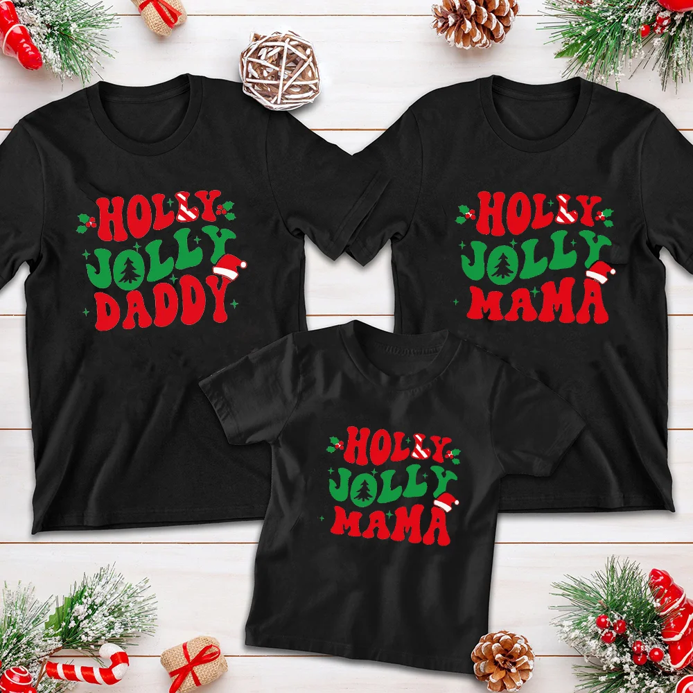 Holly Jolly Print Family Matching Shirts Xmas Party Dad Mom Baby Tshirt Casual Christmas Gift Family Matching Tee Outfits