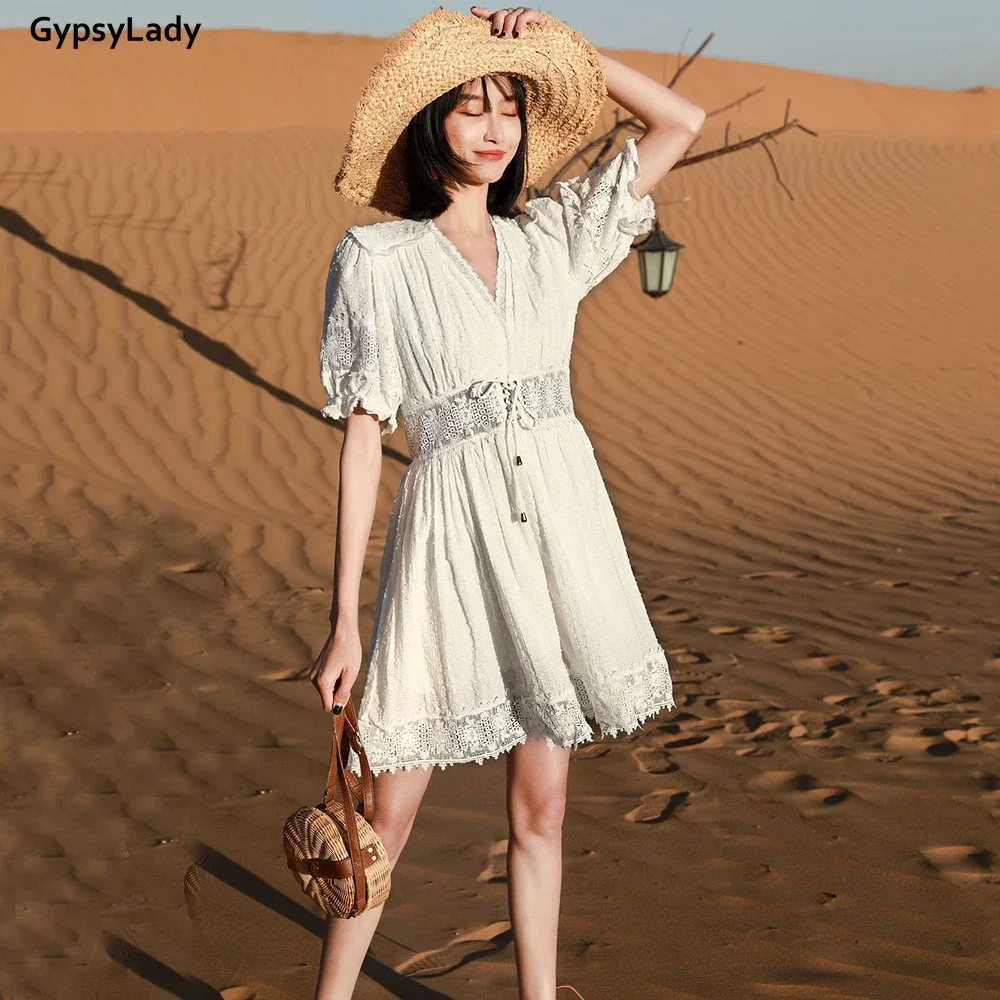 GypsyLady 100% Cotton Whtie Vintage Mini Dress Summer Holiday Dresses Short Sleeve Ruffles Lace Sheer Sexy Causal Ladies Dress