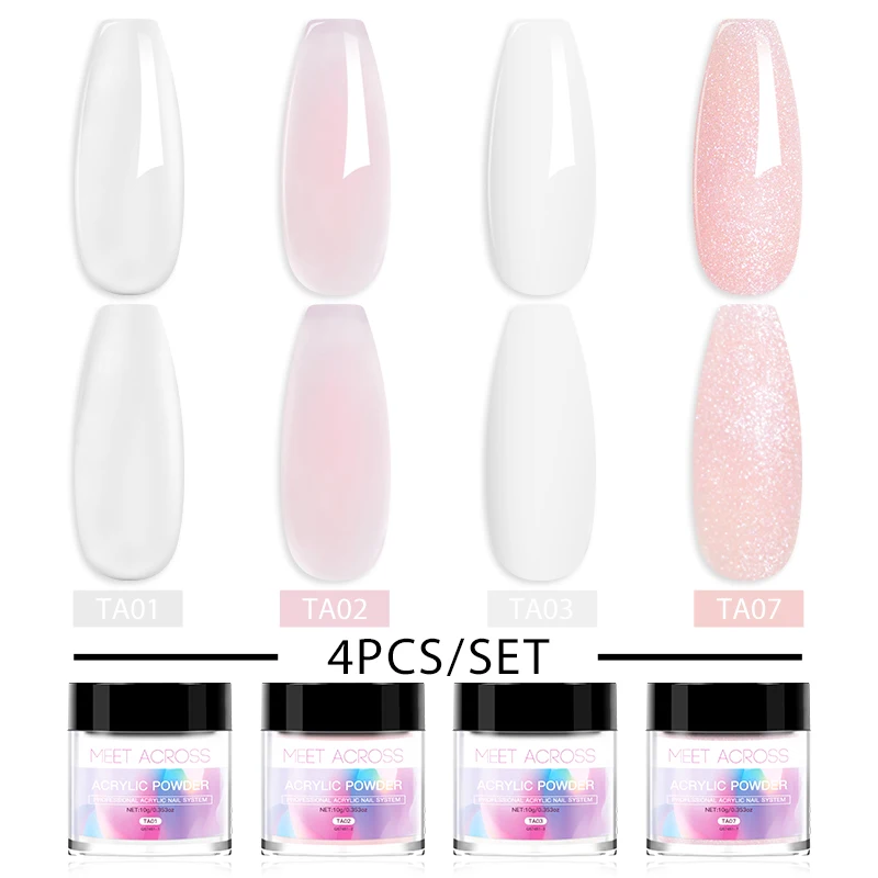 Conjunto de 4 pó acrílico para extensão de unhas, branco, claro, rosa, nu, francês, cristal, pincel, ferramenta de escultura