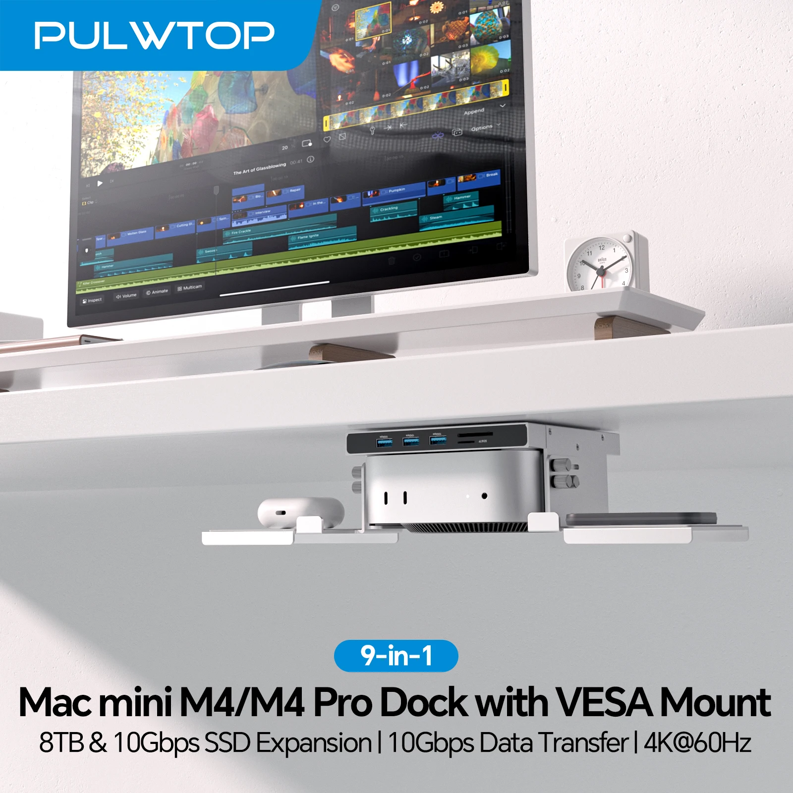 

PULWTOP Mac mini M4 Dock & Stand with M.2 NVMe 8TB SSD Enclosure, HDMI 4K@60Hz, 3 USB-A 10Gbps for Mac Mini M4/M4 Pro 2024