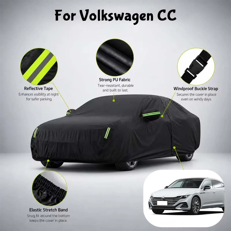 For Volkswagen CC Waterproof Full Car Cover Side Door Zipper Reflective Strips Windproof Buckle All-Weather Protection