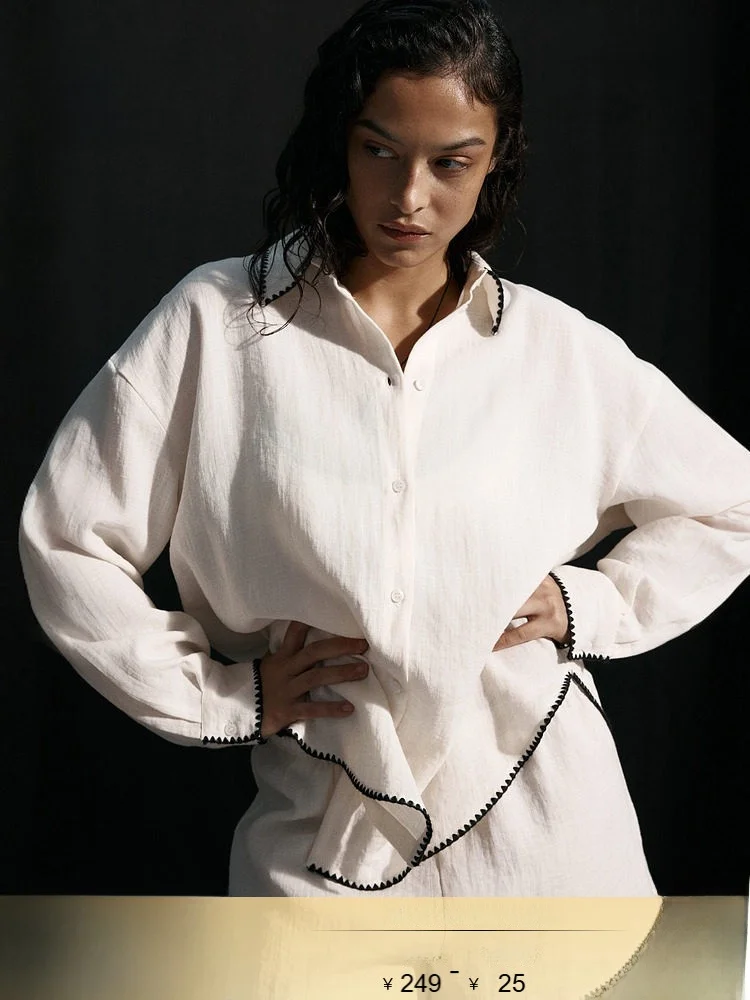 

H&M Summer New Women's Loose Fit Beach Shirt Button Detail Contrast Fabric Nylon Rayon Long Sleeve Turn down Collar
