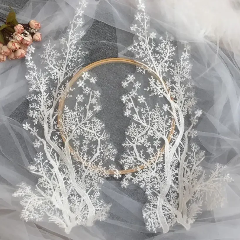 1 Paar Baumwollfaden Schneeflocke Pailletten Spitzenstoff Off White Applikation Hochzeitskleid Zubehör Handgemacht DIY
