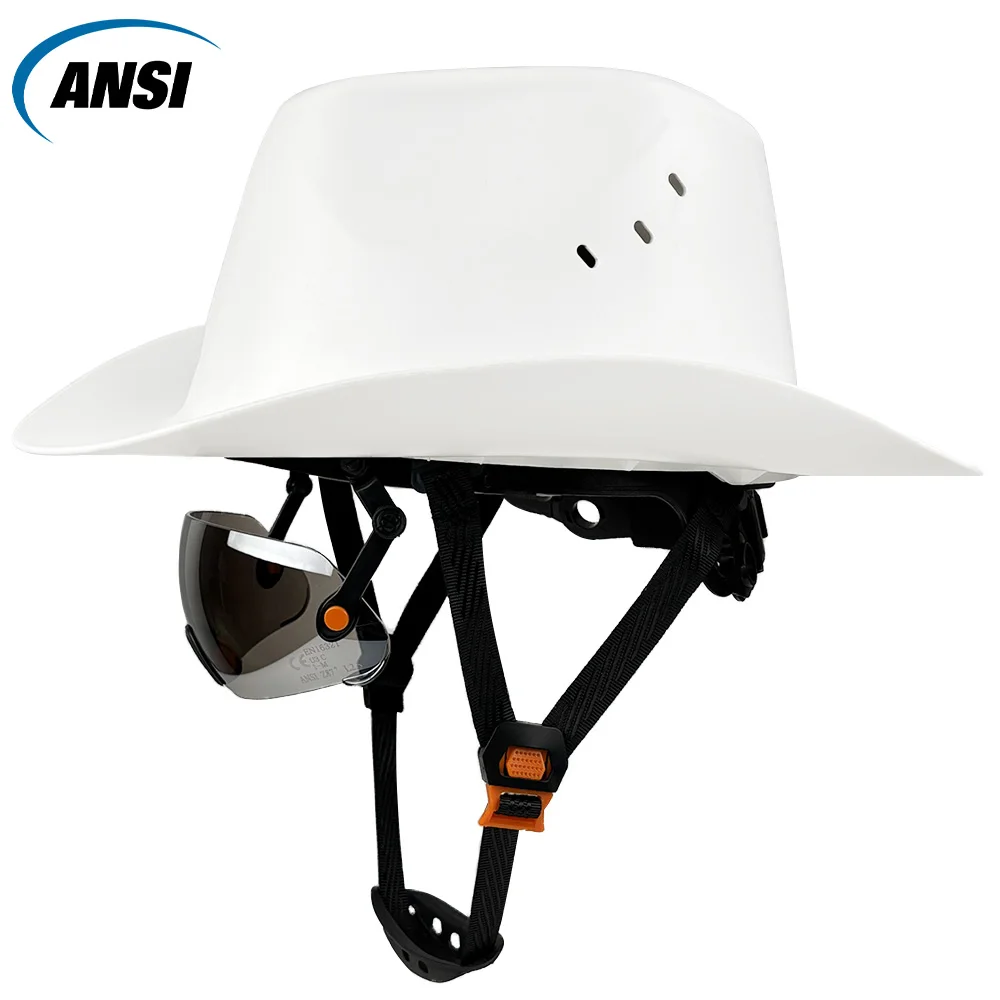 Cowboy Safety Helmet w/ Built In Sunglasses HDPE Wide Full-Brim Anti-Collision Hard Hat w/ Vent Hole for Construction Work ANSI