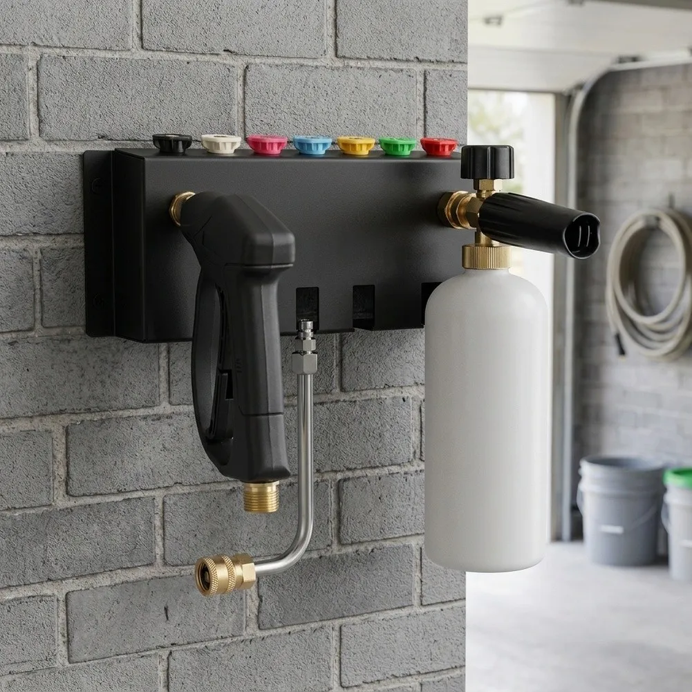 Robust Wall Mounted Metal Rack for Organizing Pressure Washer Accessories Like Foam Bottles Spray Wands Nozzles and Trigger