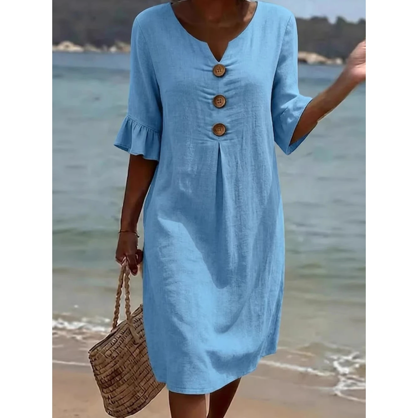 Spring Summer New Style Women's Cotton Linen V-neck Design Dress with Large Button And Lace Sleeve Business Casual Wear