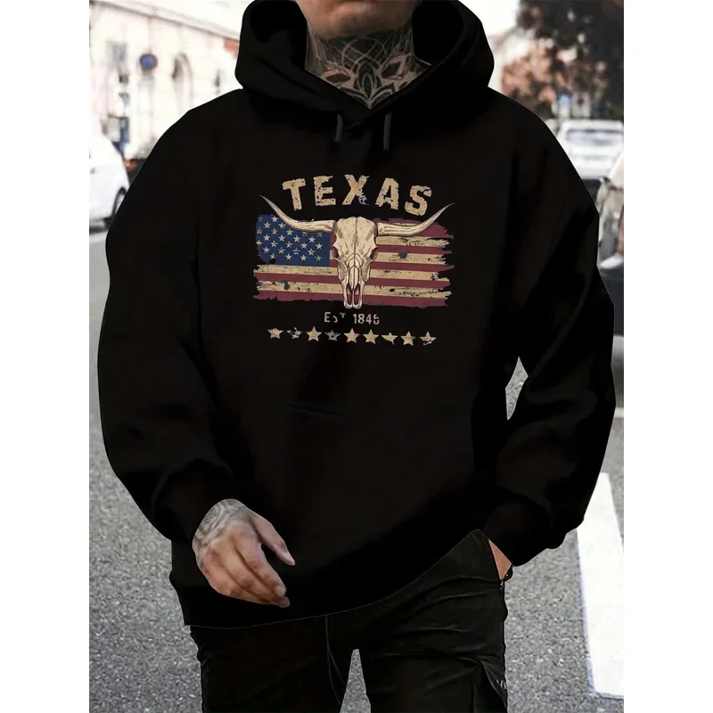 

Мужская осенне-зимняя повседневная свободная толстовка с капюшоном и теплым пуловером с длинными рукавами и рисунком коровы Техаса