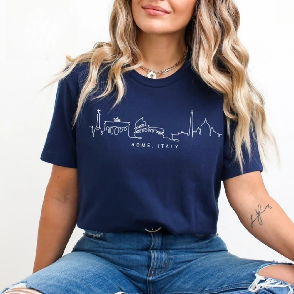 Rome Italy Shirt Roma Skyline Colosseum T-shirt Simple Design Minimalist Lover Italian Tourism Tee Men Women Summer Cotton Tops - view 3