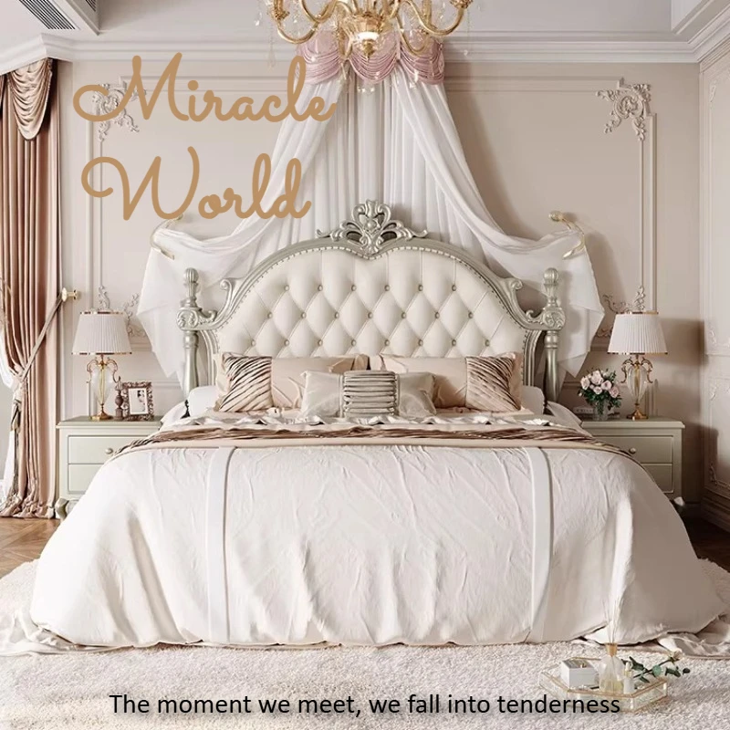 

Top-grain Leather Double Bed Frame Full Wood Luxury Modern Bed 2 People King Size Home Bedside Table Drawers Bedroom Furnitures