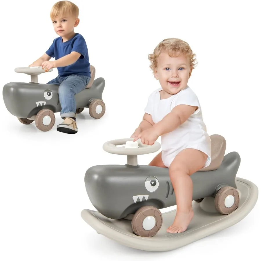 3 in 1 Rocking Horse, Ride On Push Car for Toddlers w/Detachable Balance Board, Smooth Wheels & Anti-Slip EVA Strips, Shark Rock