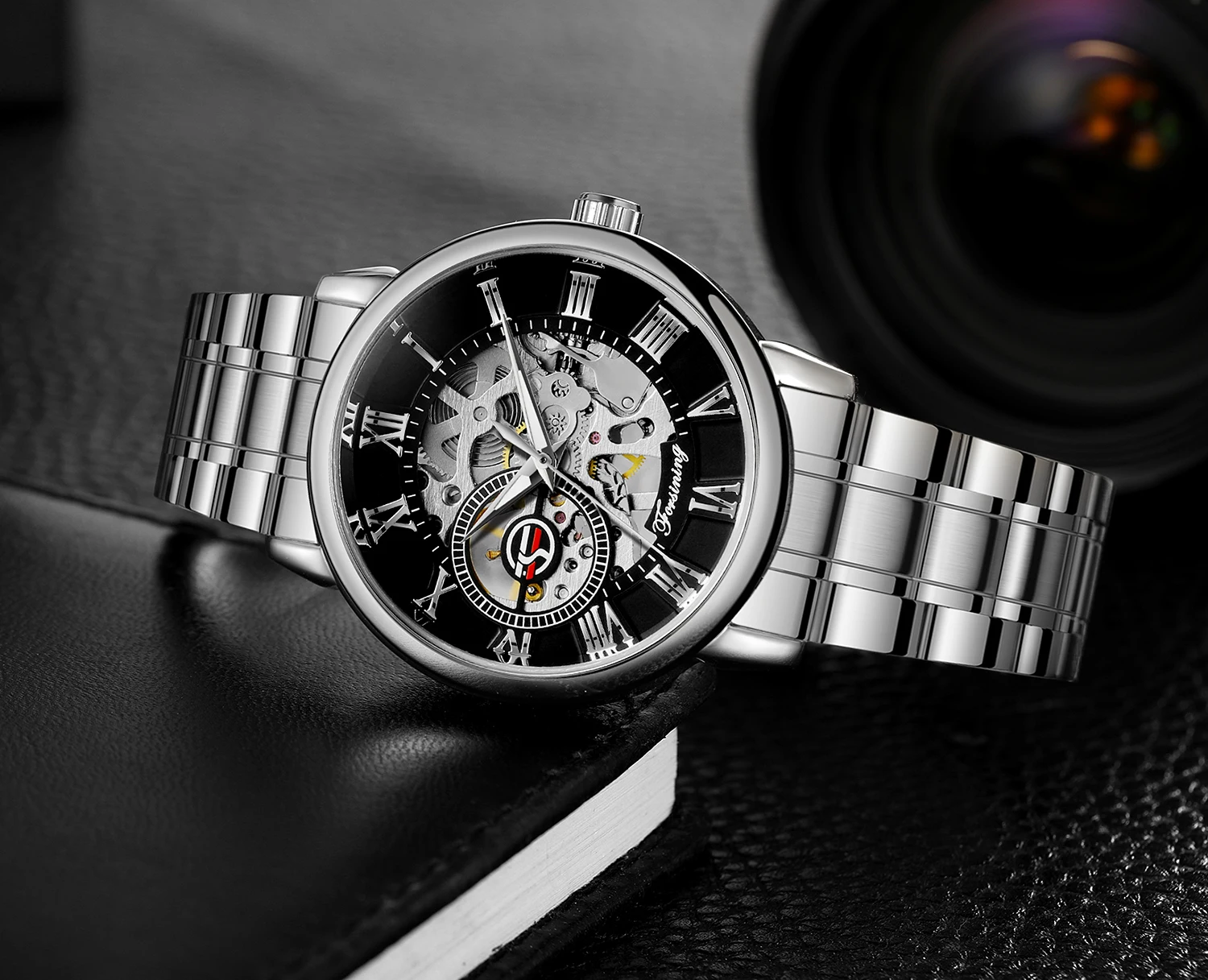 FORSINING классические полые мужские часы с гравировкой, механические наручные часы из нержавеющей стали, римские цифры, светящиеся указатели, часы-скелетон